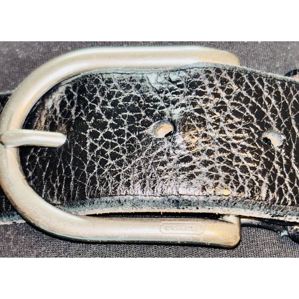 COACH 32” 80cm Vintage Black Pebbled Leather Belt Silver Pewter Buckle - Picture 2 of 5